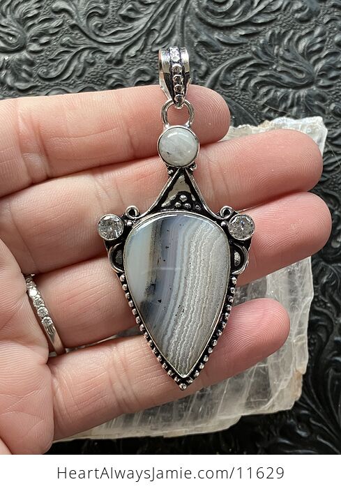 Dendritic Banded Agate and Rainbow Moonstone Crystal Stone Jewelry Pendant - #28XaTp6V3ac-2