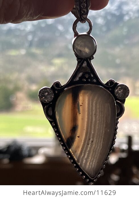 Dendritic Banded Agate and Rainbow Moonstone Crystal Stone Jewelry Pendant - #28XaTp6V3ac-8