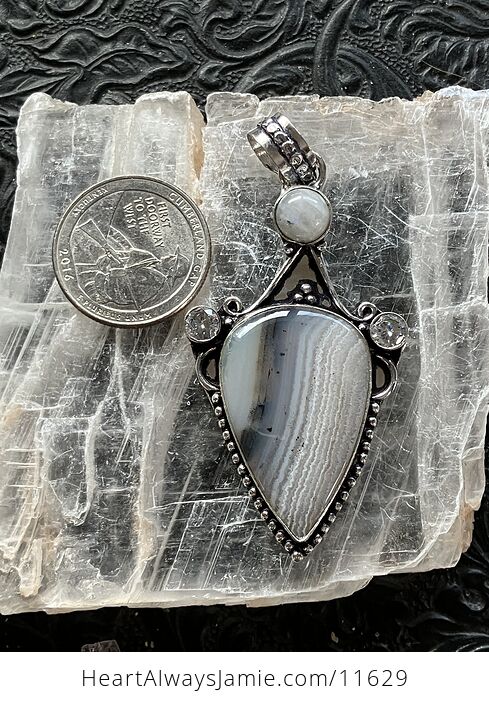Dendritic Banded Agate and Rainbow Moonstone Crystal Stone Jewelry Pendant - #28XaTp6V3ac-6
