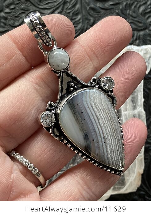 Dendritic Banded Agate and Rainbow Moonstone Crystal Stone Jewelry Pendant - #28XaTp6V3ac-4
