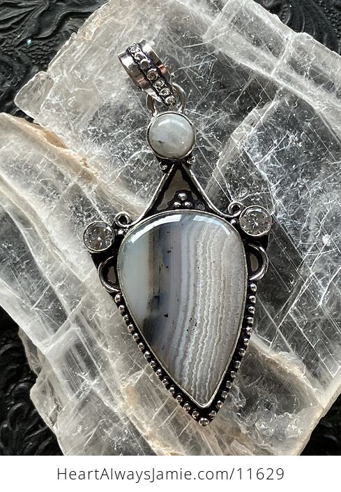 Dendritic Banded Agate and Rainbow Moonstone Crystal Stone Jewelry Pendant - #28XaTp6V3ac-1