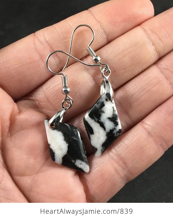 Diamond Shaped Black and White Zebra Jasper Stone Earrings - #LNqTyWlqySA-1
