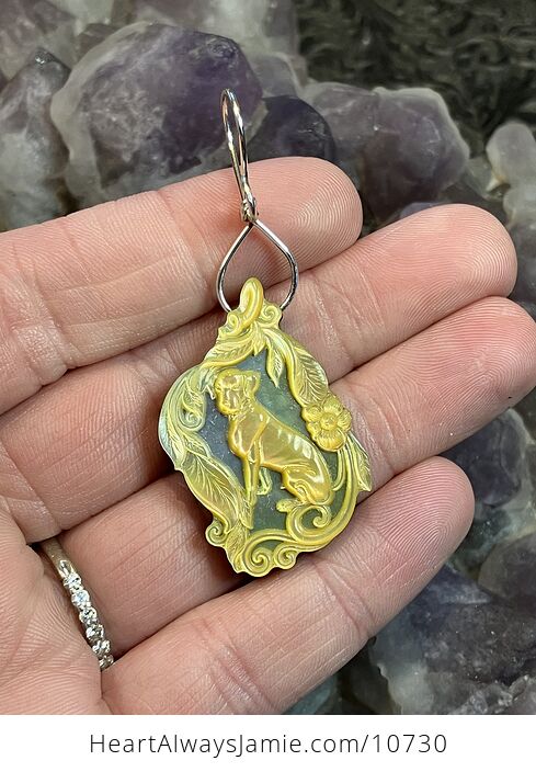 Dog in a Floral Frame Mother of Pearl Mop Carved Shell Jewelry Pendant - #C4NkzsB2zB4-1