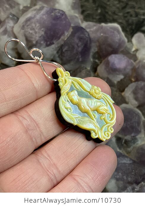 Dog in a Floral Frame Mother of Pearl Mop Carved Shell Jewelry Pendant - #C4NkzsB2zB4-2