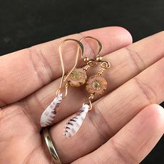 Dusty Rose Pink Hawaiian Flower and Striped Dagger Earrings with Copper Wire #IZ54TFTNdyA