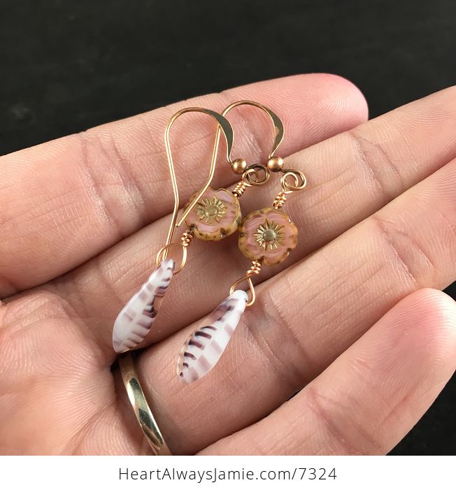 Dusty Rose Pink Hawaiian Flower and Striped Dagger Earrings with Copper Wire - #IZ54TFTNdyA-1