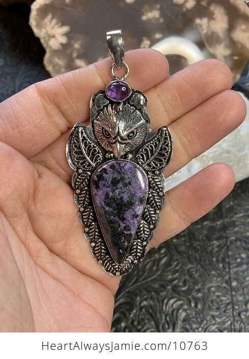 Eagle Amethyst Black and Purple Charoite and Black Aegirine Crystal Stone Jewelry Pendant - #cllcuPFjsyc-1