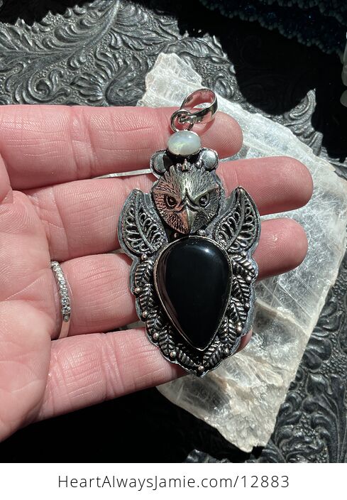 Eagle Rainbow Moonstone and Black Chalcedony Crystal Stone Jewelry Pendant - #f19PcCInbEU-1