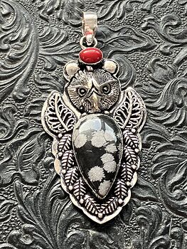Eagle Red Coral and Snowflake Obsidian Crystal Stone Jewelry Pendant #oFhWoG1zx8I