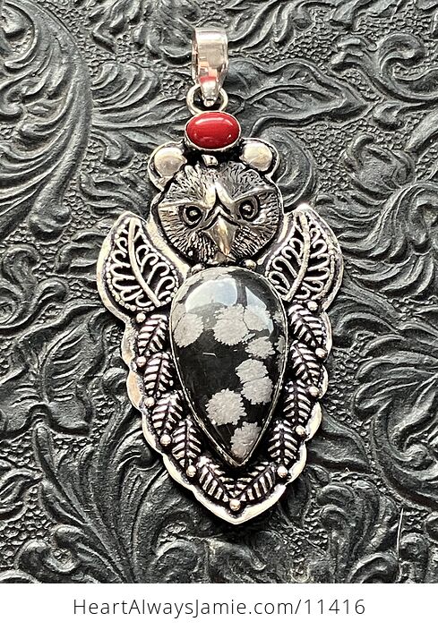 Eagle Red Coral and Snowflake Obsidian Crystal Stone Jewelry Pendant - #oFhWoG1zx8I-1