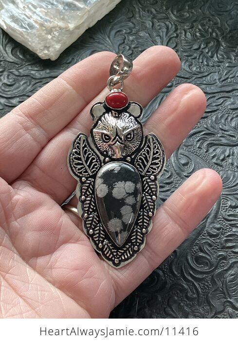 Eagle Red Coral and Snowflake Obsidian Crystal Stone Jewelry Pendant - #oFhWoG1zx8I-2