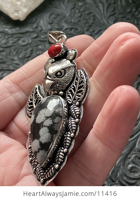 Eagle Red Coral and Snowflake Obsidian Crystal Stone Jewelry Pendant - #oFhWoG1zx8I-4