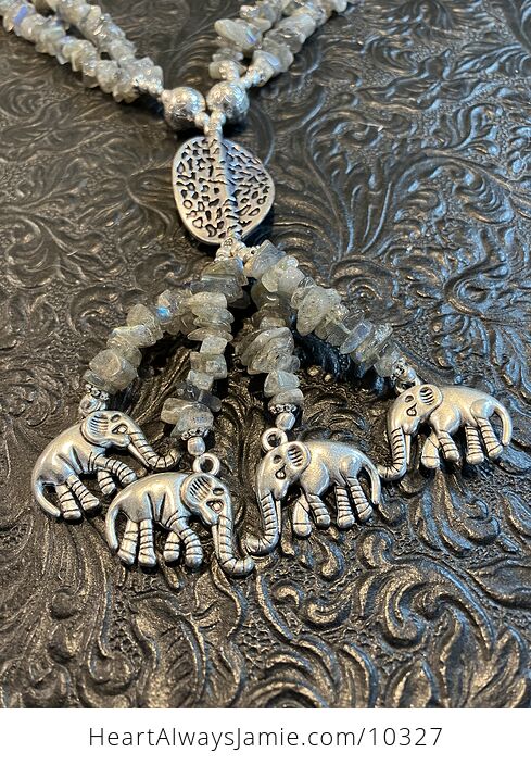 Elephant Necklace with Flashy Labradorite Chips and Metal Beads - #BbPWRdGTMCE-5