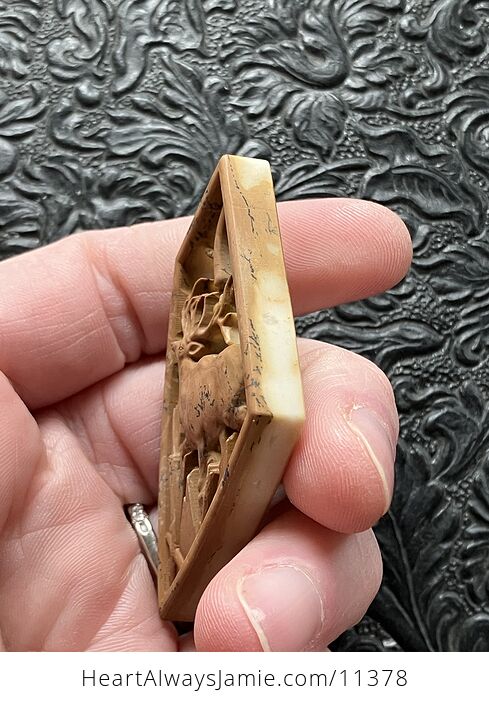 Elk Buck Deer Carved Mini Art Jasper Stone Pendant Cabochon Jewelry - #3LelhzhVOl4-3