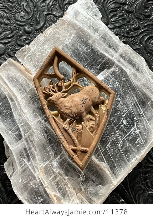 Elk Buck Deer Carved Mini Art Jasper Stone Pendant Cabochon Jewelry - #3LelhzhVOl4-1