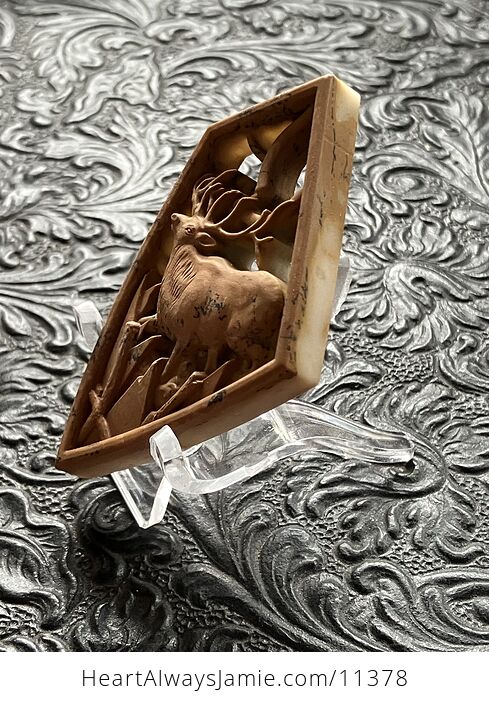 Elk Buck Deer Carved Mini Art Jasper Stone Pendant Cabochon Jewelry - #3LelhzhVOl4-10