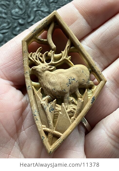 Elk Buck Deer Carved Mini Art Jasper Stone Pendant Cabochon Jewelry - #3LelhzhVOl4-6