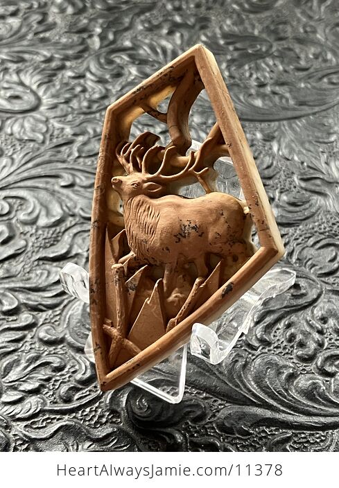 Elk Buck Deer Carved Mini Art Jasper Stone Pendant Cabochon Jewelry - #3LelhzhVOl4-9