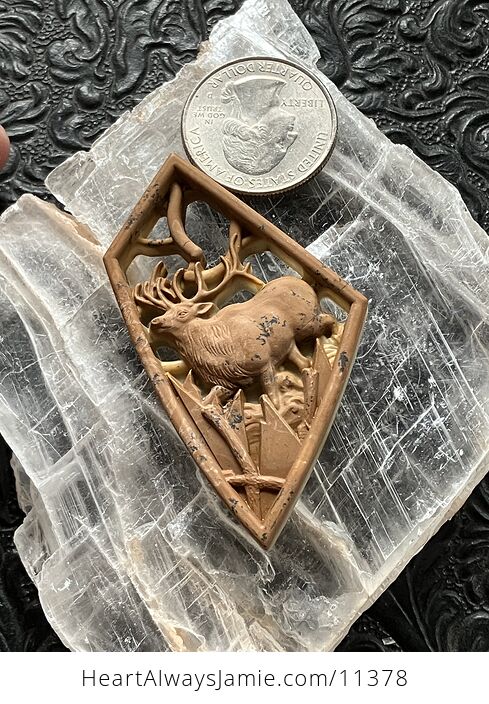 Elk Buck Deer Carved Mini Art Jasper Stone Pendant Cabochon Jewelry - #3LelhzhVOl4-7