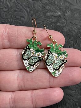 Enamel Butterfly and Daisy Anatomical Heart Earrings #l5mQGjKcPqw