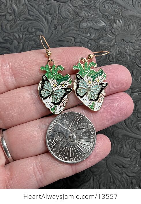 Enamel Butterfly and Daisy Anatomical Heart Earrings - #l5mQGjKcPqw-2