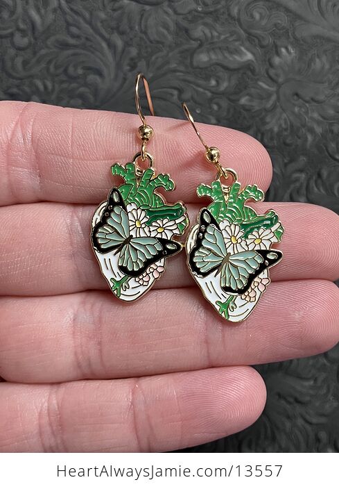 Enamel Butterfly and Daisy Anatomical Heart Earrings - #l5mQGjKcPqw-1