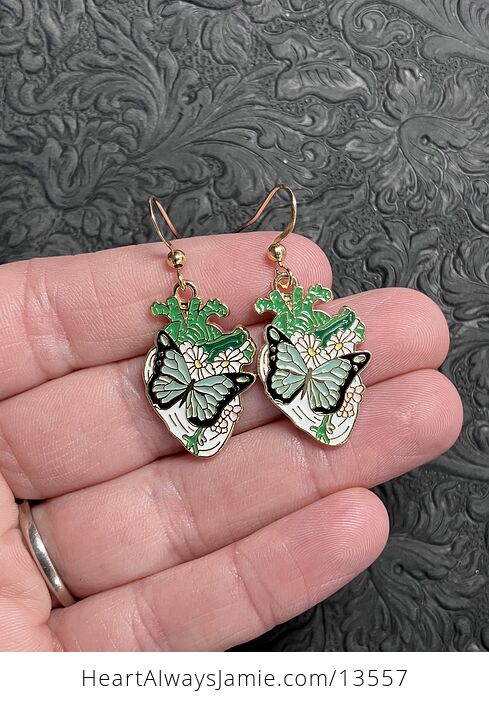 Enamel Butterfly and Daisy Anatomical Heart Earrings - #l5mQGjKcPqw-3