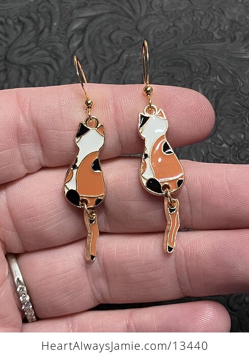 Enamel Calico Cat Dangly Tail Earrings - #Tx0lYKlFiAE-1