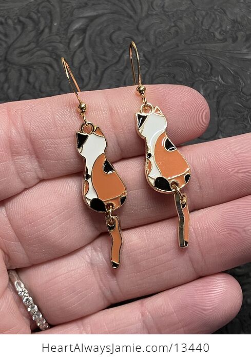 Enamel Calico Cat Dangly Tail Earrings - #Tx0lYKlFiAE-2