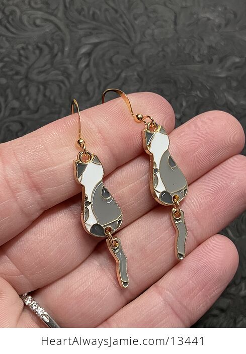 Enamel Gray and White Cat Dangly Tail Earrings - #RBTfFqyEqs0-2