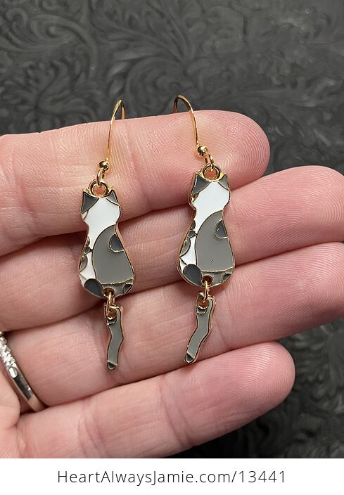 Enamel Gray and White Cat Dangly Tail Earrings - #RBTfFqyEqs0-1