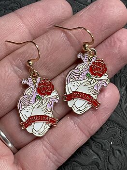 Enamel Hand Holding a Rose Anatomical Heart Earrings #gSlEvE8rgLg