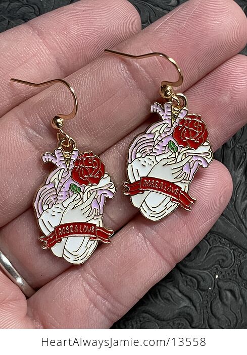 Enamel Hand Holding a Rose Anatomical Heart Earrings - #gSlEvE8rgLg-1