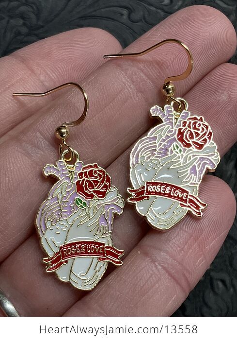 Enamel Hand Holding a Rose Anatomical Heart Earrings - #gSlEvE8rgLg-3