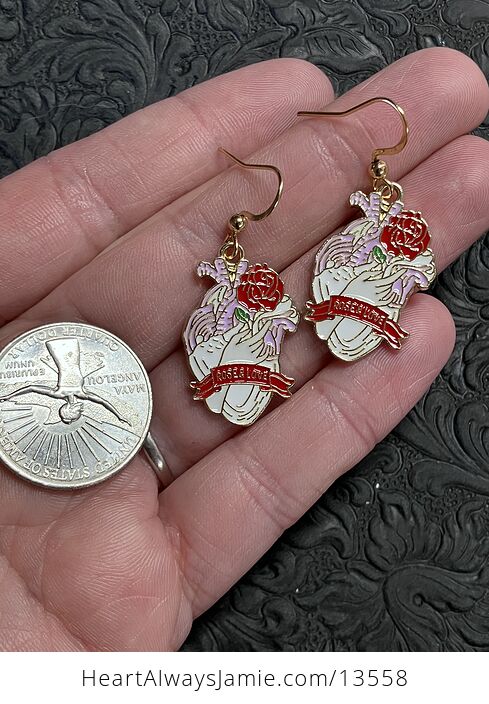 Enamel Hand Holding a Rose Anatomical Heart Earrings - #gSlEvE8rgLg-2