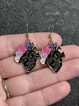 Enamel Roses and Black Anatomical Heart Earrings #EqGvvzAAr4c