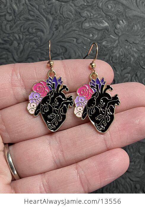 Enamel Roses and Black Anatomical Heart Earrings - #EqGvvzAAr4c-1