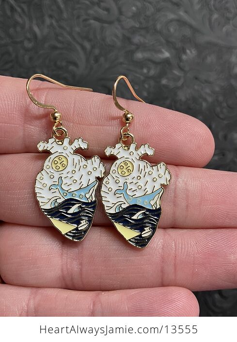 Enamel Whale in the Ocean Anatomical Heart Earrings - #kXQrBHGepws-1