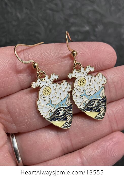 Enamel Whale in the Ocean Anatomical Heart Earrings - #kXQrBHGepws-3