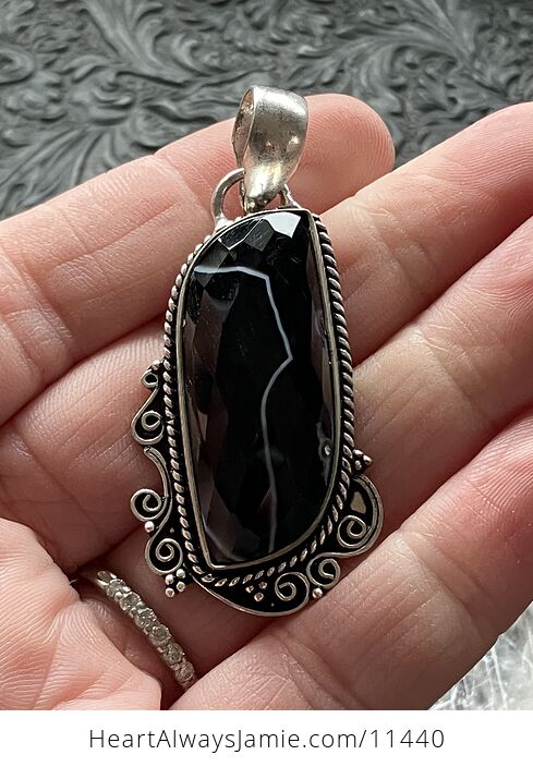 Faceted Black Banded Onyx Chalcedony Stone Jewelry Crystal Pendant - #jQsoxARTorU-4