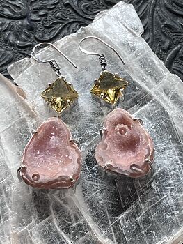 Faceted Citrine and Pink Druzy Geode Crystal Stone Jewelry Earrings #SXBibdtCrrU