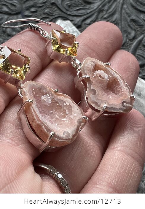 Faceted Citrine and Pink Druzy Geode Crystal Stone Jewelry Earrings - #SXBibdtCrrU-3