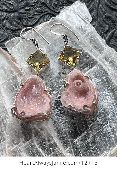 Faceted Citrine and Pink Druzy Geode Crystal Stone Jewelry Earrings - #SXBibdtCrrU-1