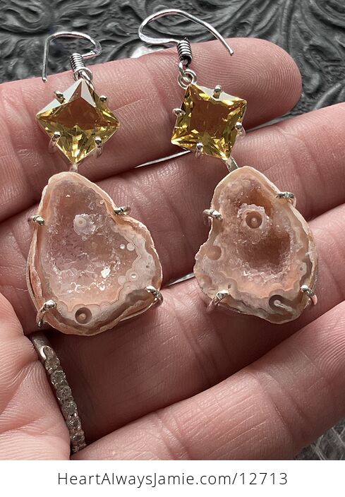 Faceted Citrine and Pink Druzy Geode Crystal Stone Jewelry Earrings - #SXBibdtCrrU-2