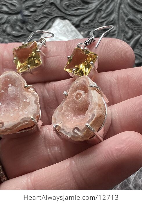 Faceted Citrine and Pink Druzy Geode Crystal Stone Jewelry Earrings - #SXBibdtCrrU-4