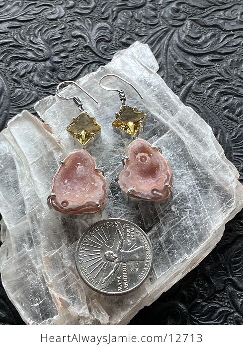 Faceted Citrine and Pink Druzy Geode Crystal Stone Jewelry Earrings - #SXBibdtCrrU-7