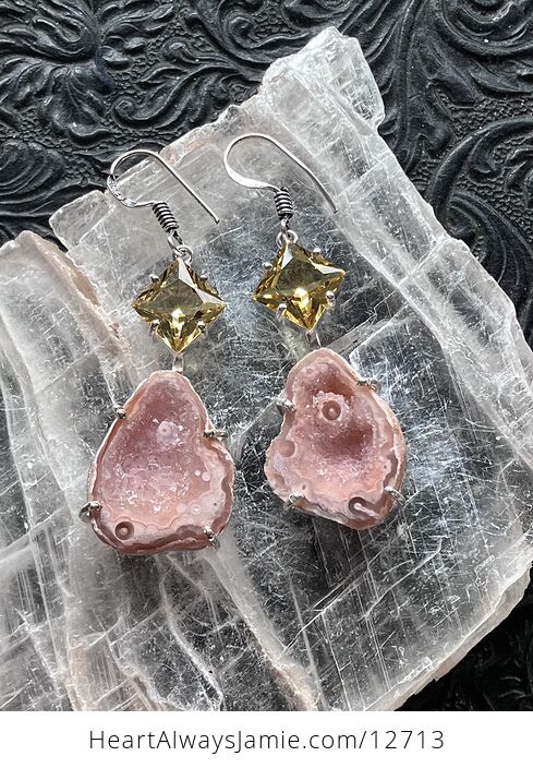 Faceted Citrine and Pink Druzy Geode Crystal Stone Jewelry Earrings - #SXBibdtCrrU-6