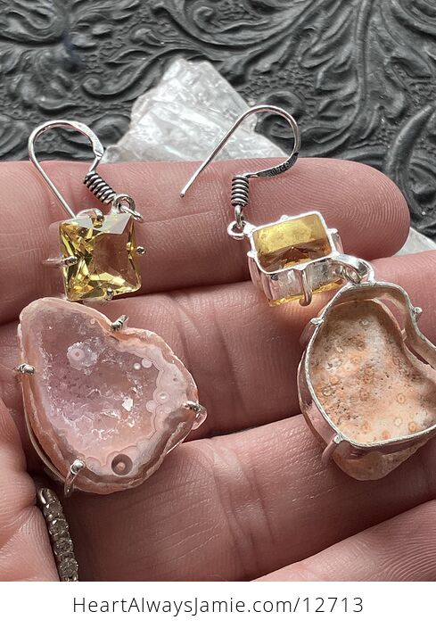 Faceted Citrine and Pink Druzy Geode Crystal Stone Jewelry Earrings - #SXBibdtCrrU-5