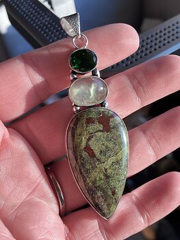Faceted Green Gem Prehnite and Dragon Bloodstone Crystal Stone Jewelry Pendant #7OGB1g4bFY0
