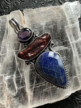 Faceted Lapis Lazuli Amethyst and Biwa Pearl Crystal Stone Pendant Charm #OwnyAzLwRIk